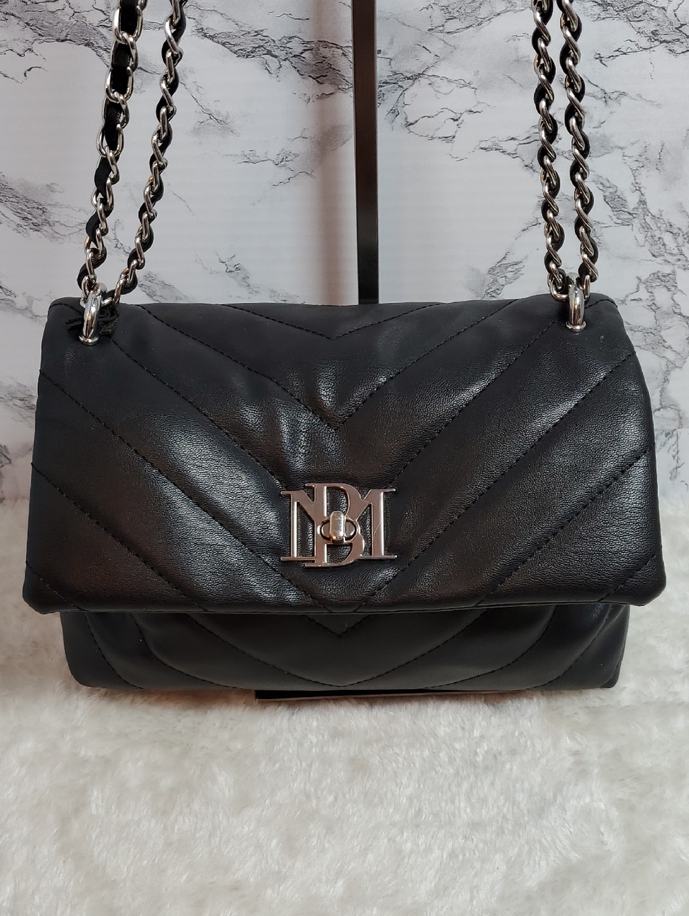 Badgley Mischka Black Chevron Flap Shoulder Bag with Chain Strap and Silver Logo